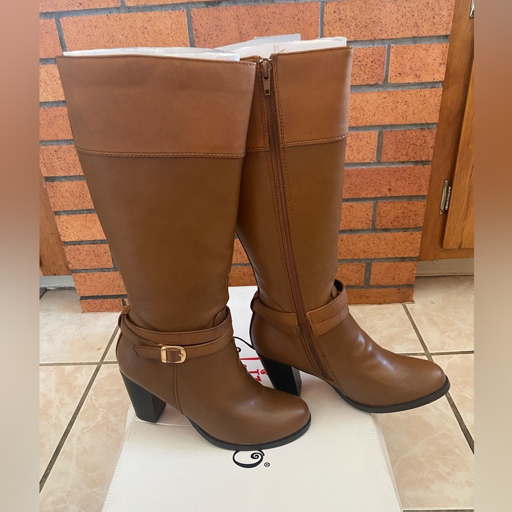 Tan Faux Leather Knee-High Boots with Block Heel and Buckle Detail